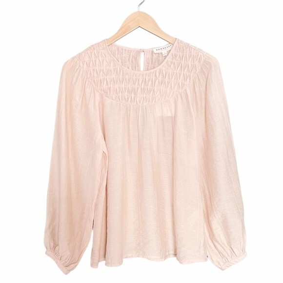 NWT DownEast Pleated Yoke Long Sleeve Blouse Light Beige Blush Size Small NEW - Picture 2 of 15